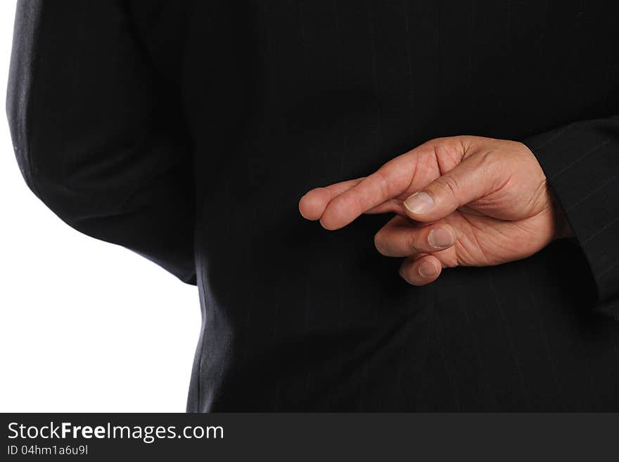 Businessman Crossing Fingers Behind His Back isolated on a white background