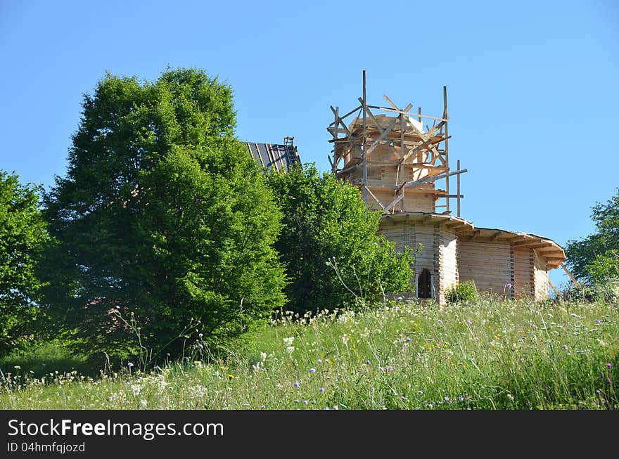 A new wooden church construction site in Transylvania land of Romania. A new wooden church construction site in Transylvania land of Romania