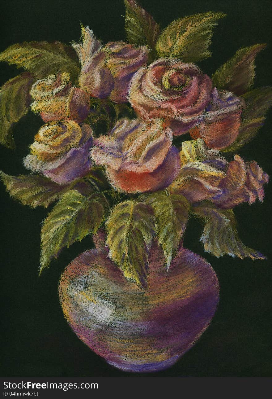 Pastel drawing of a bouquet of roses in a vase.