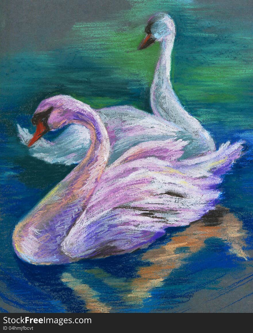 Pastel drawing of a two swans.