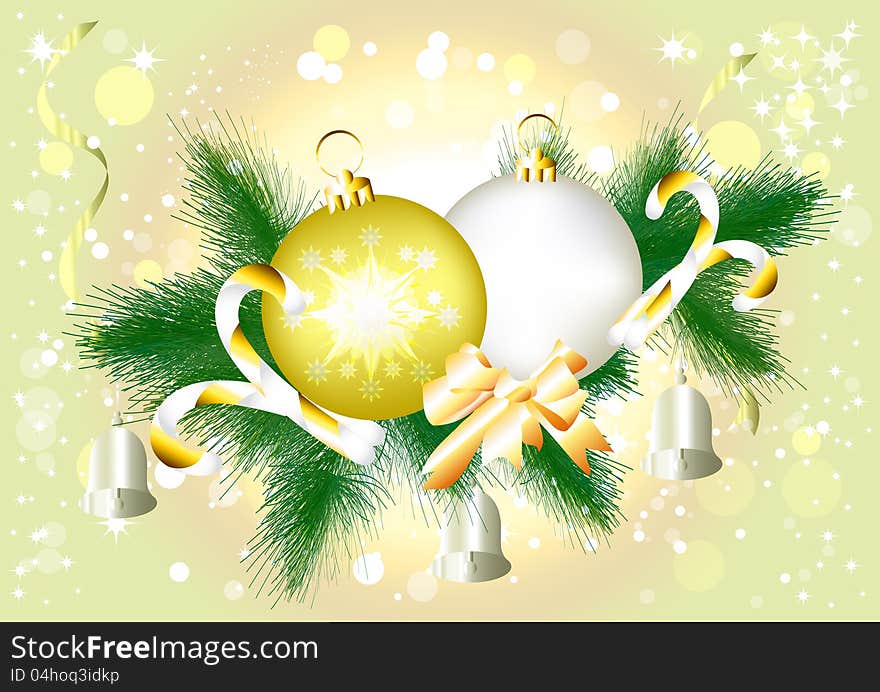 Background With Realistic Fir Branch And Baubles