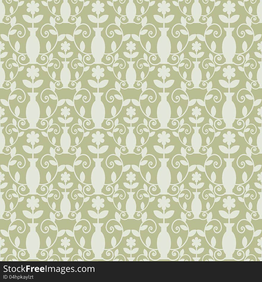 Seamless grey damask background with vases. Seamless grey damask background with vases