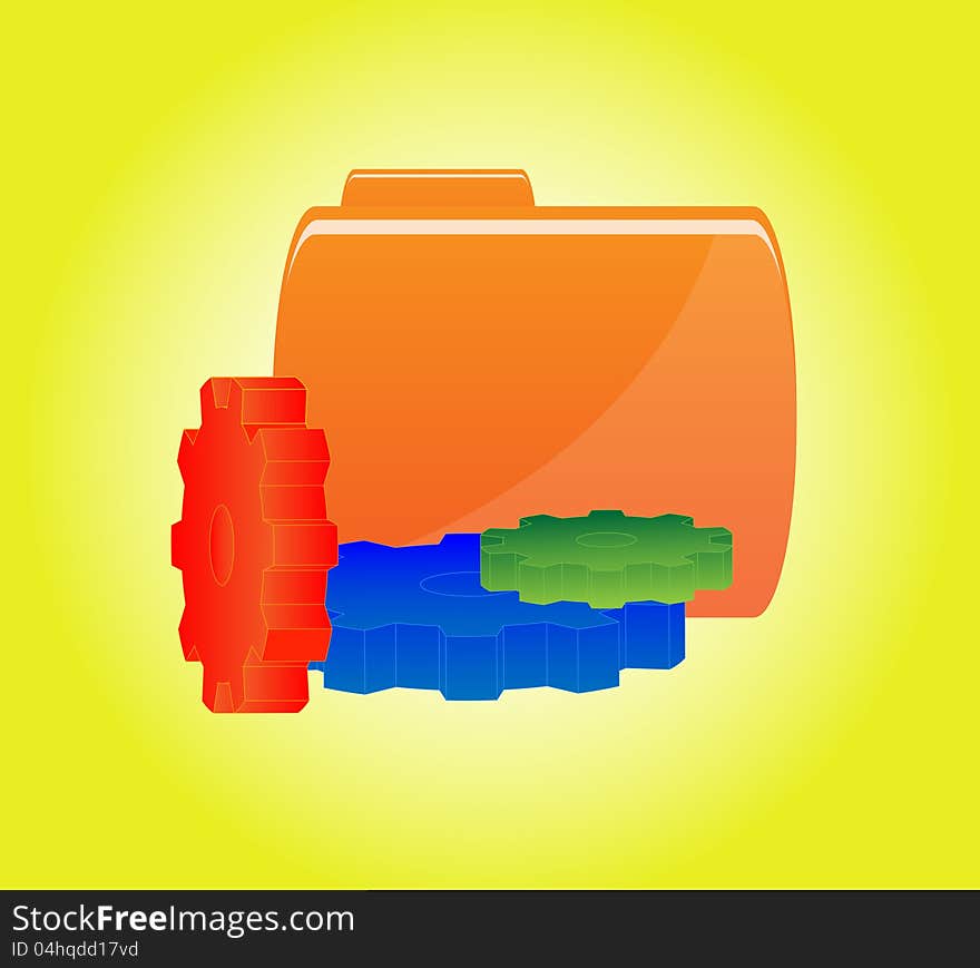 Orange Vector folder icon on the light green background with red, blue and green gears