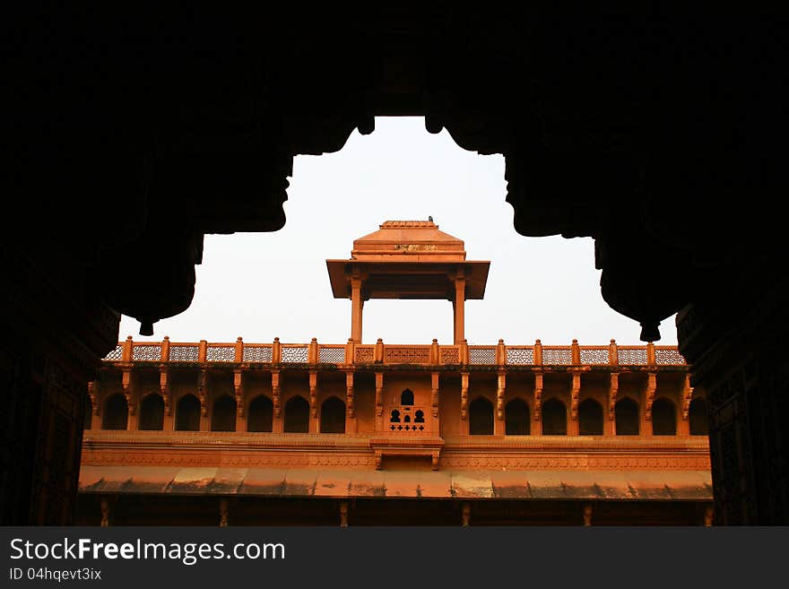 Outside Architecture of the Red Fort Agra, India. Pink sandstone carving in red Fort Agra, India. Ornaments in Indian architecture found in ancient buildings