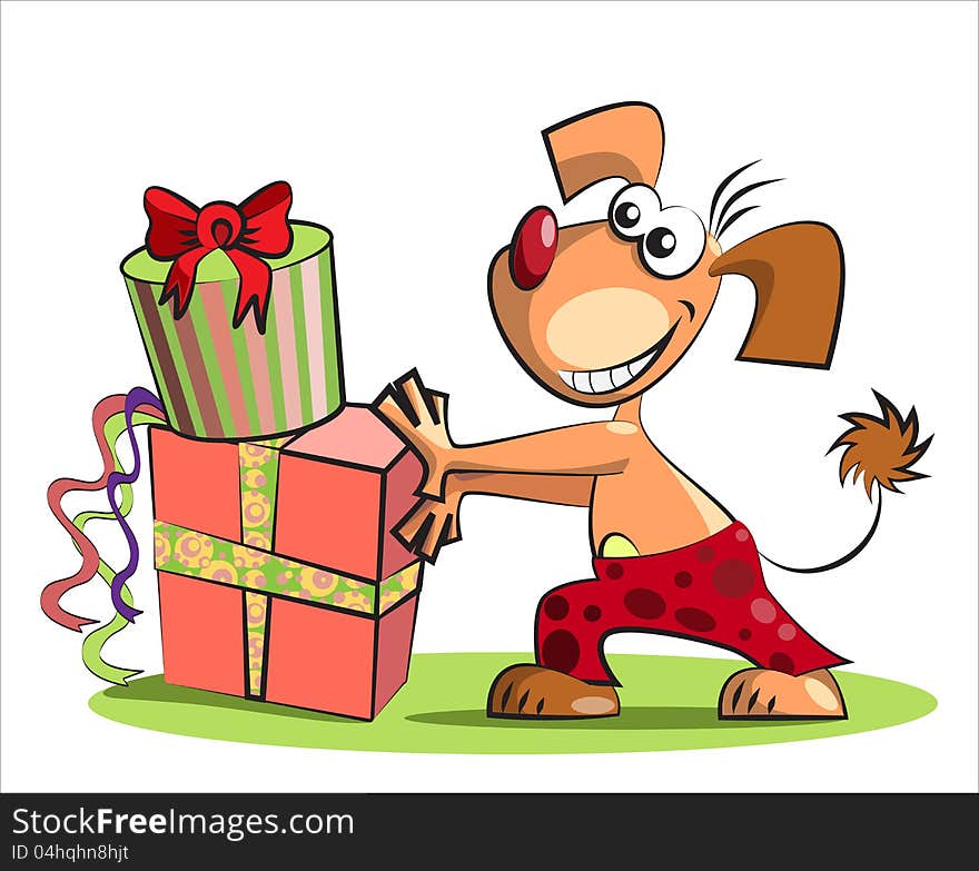 Dog and boxes of presents,  on white, illustration