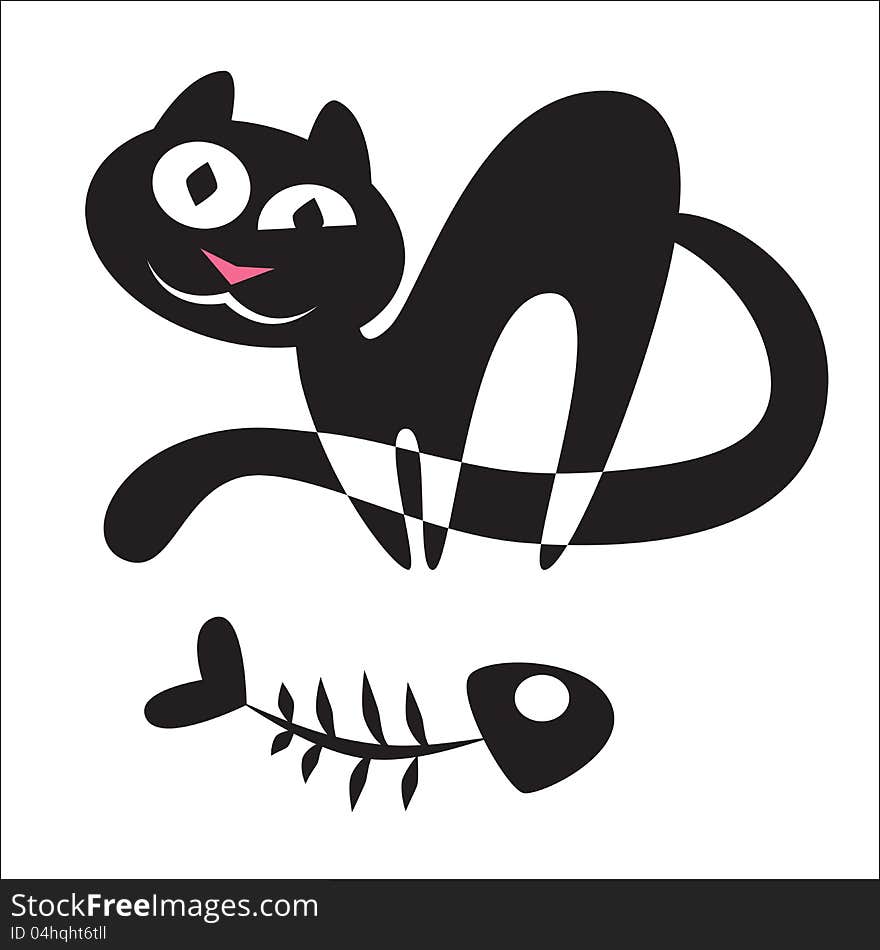 Vector abstract silhouette of a cat with a fish skeleton