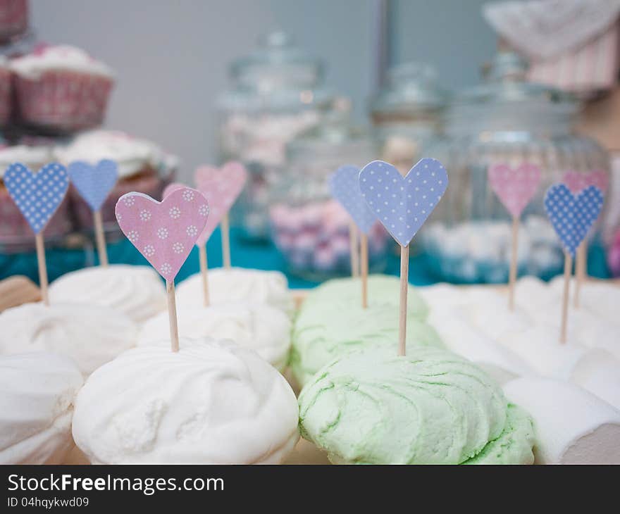 Green and White Marshmallows  with hearts on a stick,. Green and White Marshmallows  with hearts on a stick,