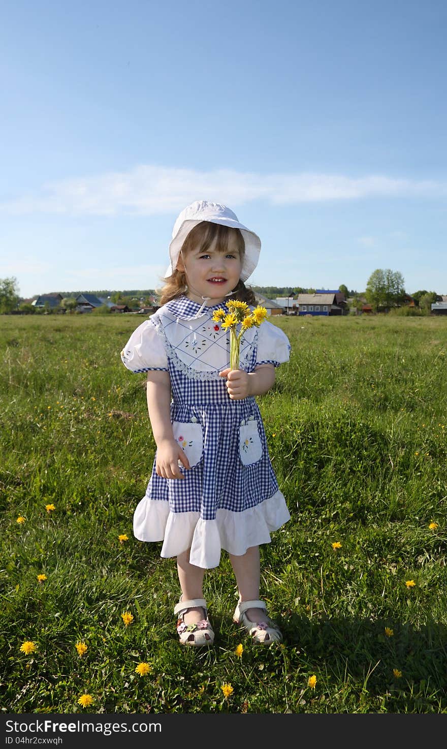 Happy little girl wearing dress holds yellow dandelions on green field near village. Happy little girl wearing dress holds yellow dandelions on green field near village