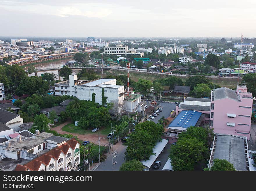 From the top of the buildings in Phitsanulok Province of Thailand in the evening. From the top of the buildings in Phitsanulok Province of Thailand in the evening.