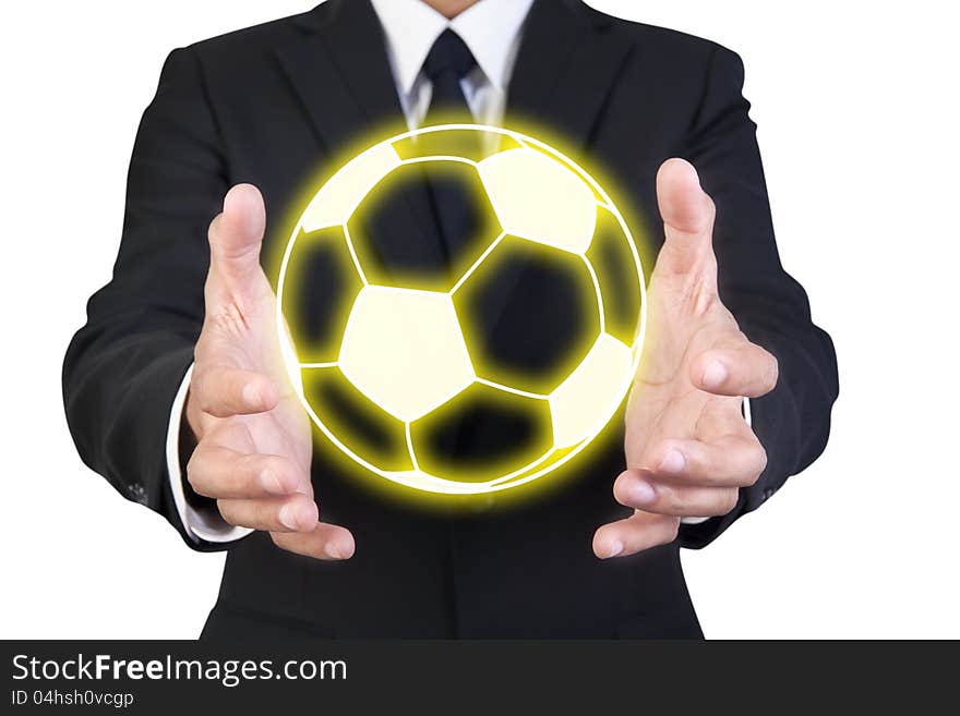 Businessman hold graphic gold football between tho hands, with clipping path. Businessman hold graphic gold football between tho hands, with clipping path