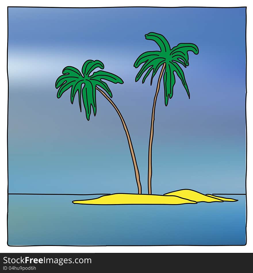 Nice cartoon style view of small island with two palms