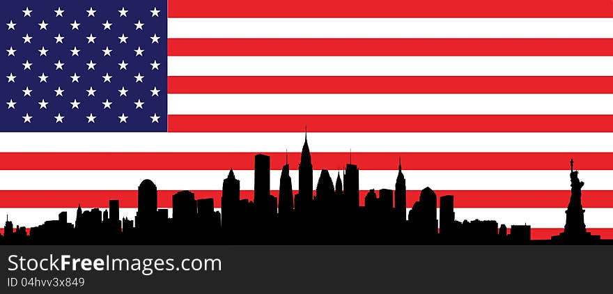 New York skyline and flag