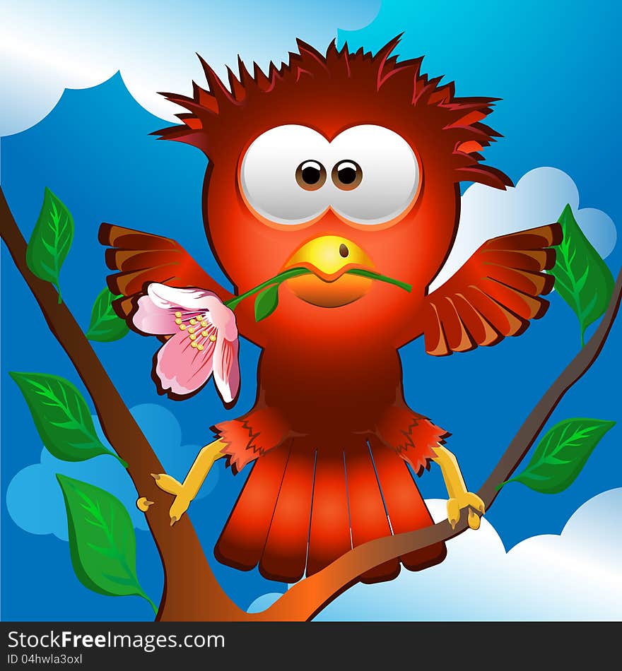 Bird sits on a tree and holds a flower in a beak. Bird sits on a tree and holds a flower in a beak