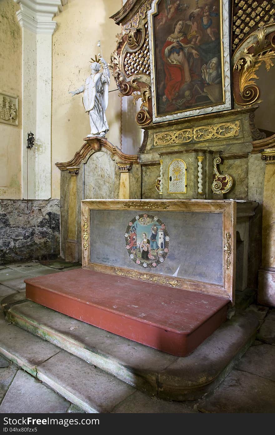 Altar with religious symbols in the old church