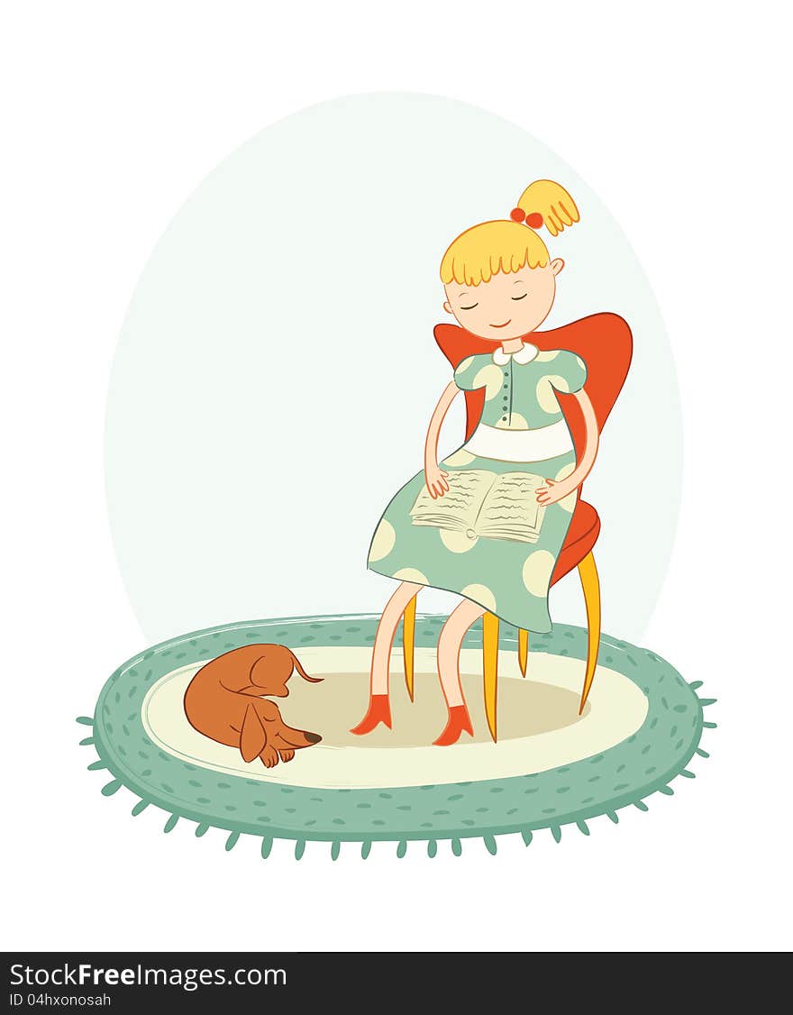 Blonde girl sitting on carpet and reading interesting book. Her dog lie near her legs. Blonde girl sitting on carpet and reading interesting book. Her dog lie near her legs.