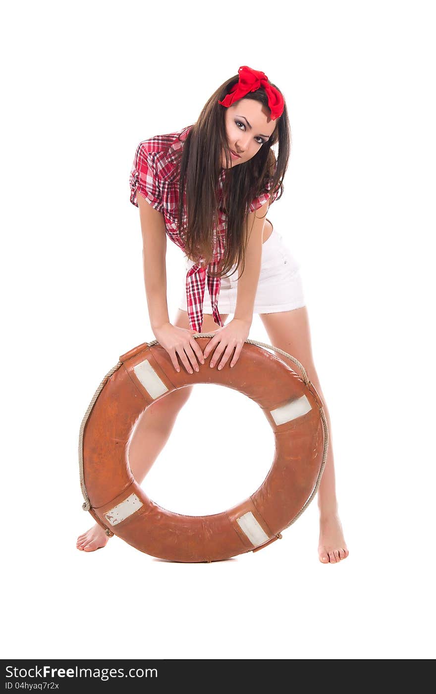 Girl pin up style, with a lifebuoy, isolated on white background