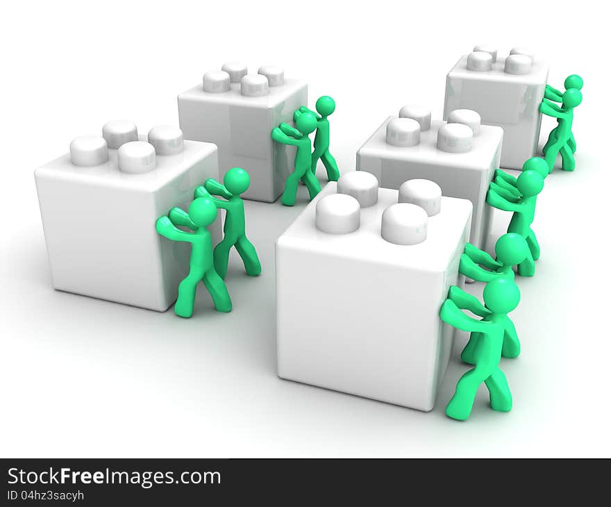 Cartoon men pushing huge white building blocks in pairs. Cartoon men pushing huge white building blocks in pairs