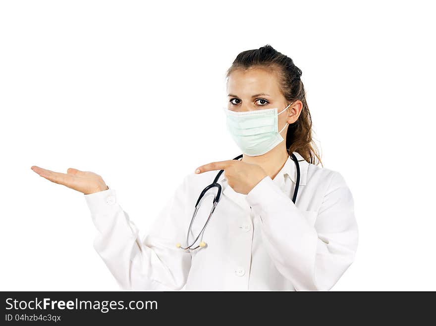 Doctor Girl in the mask indicates the hand. Doctor Girl in the mask indicates the hand