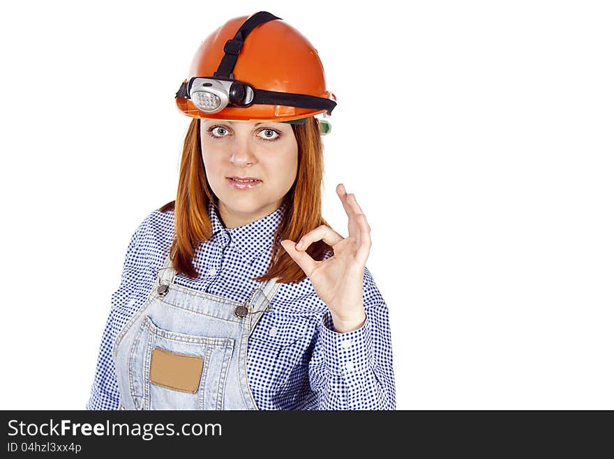 Girl points to the sign builder ok isolated