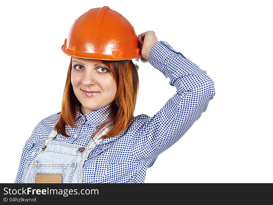 Happy beautiful girl to builder the helmet. Happy beautiful girl to builder the helmet