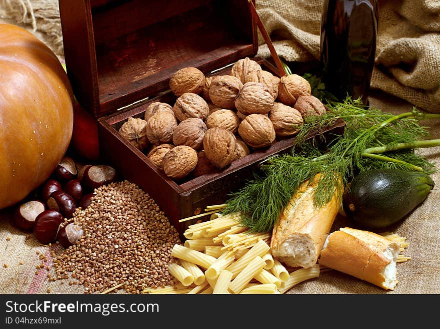 Still Life With Chest, Nuts, Pumpkin, Bread