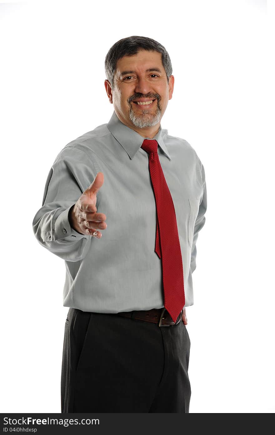 Mature Businesman offering handshake on a white background