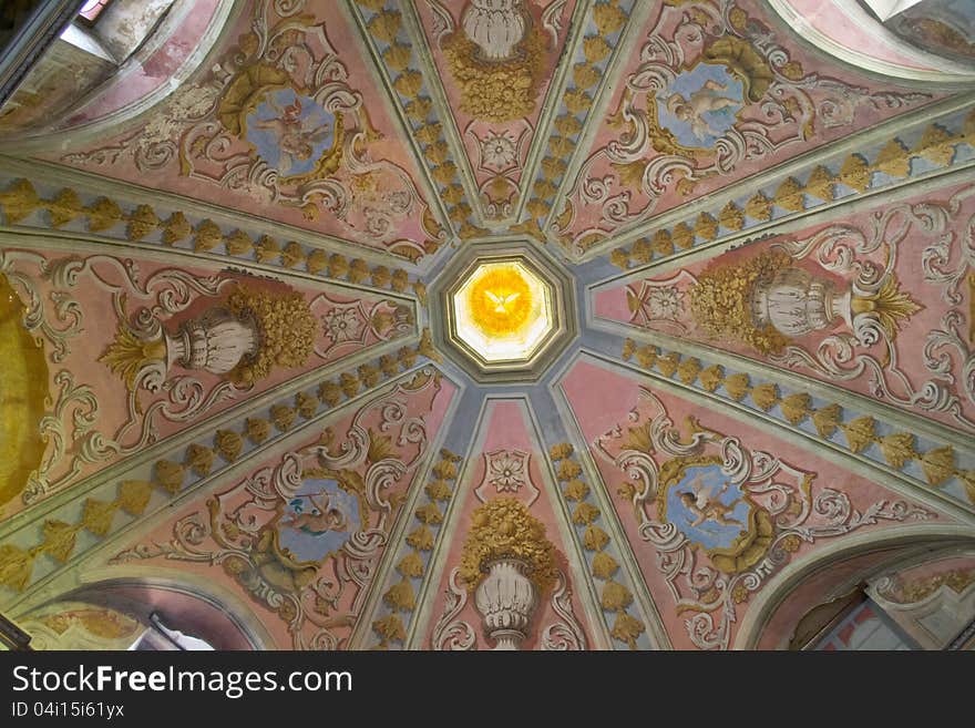 A beautiful painted mural on the ceiling of a church. This is an italian medieval church in Orvieto. A beautiful painted mural on the ceiling of a church. This is an italian medieval church in Orvieto