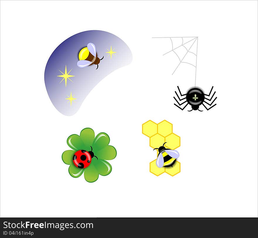 Drawn bugs, ladybug, bee, spider and firefly