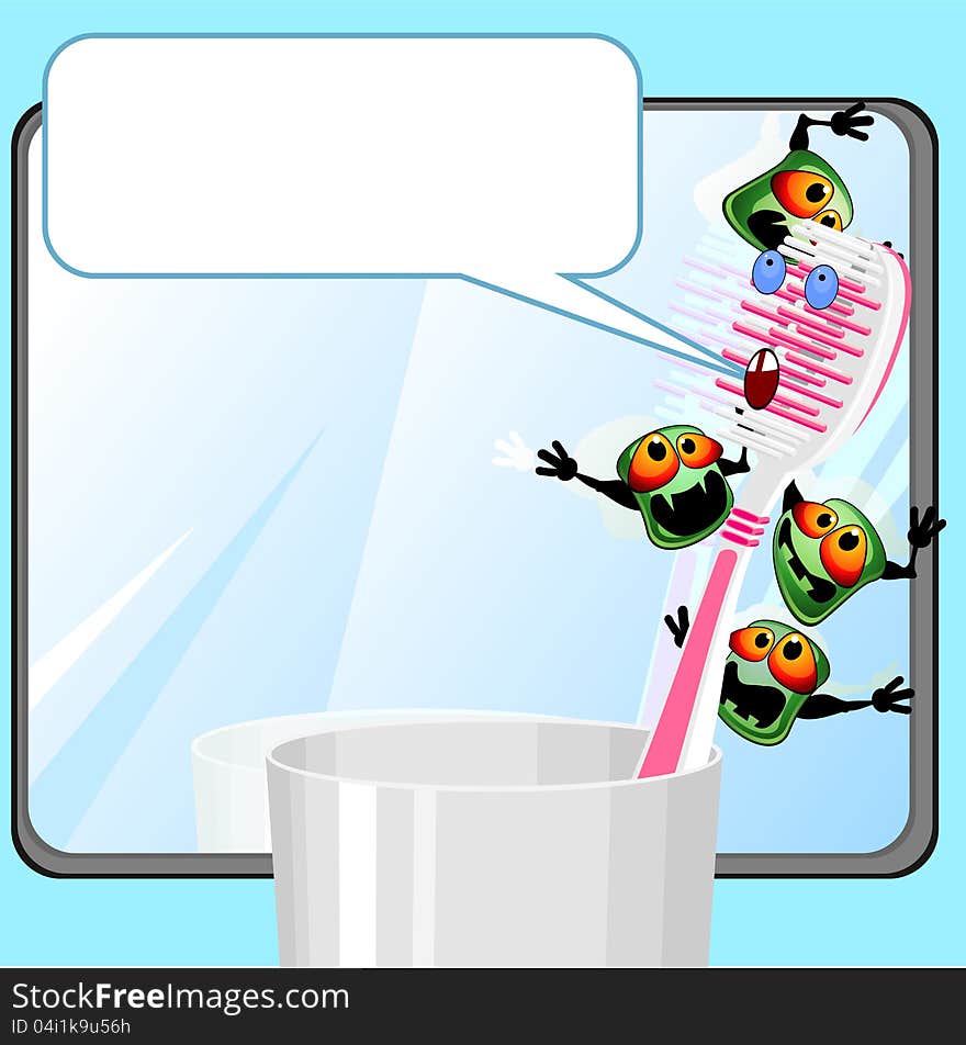 Toothbrush in glass near mirror with germs and speech bubble. Toothbrush in glass near mirror with germs and speech bubble