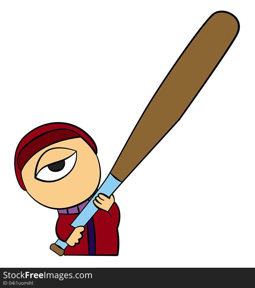 Illustration of a cartoon baseball player holding a large baseball bat. Illustration of a cartoon baseball player holding a large baseball bat