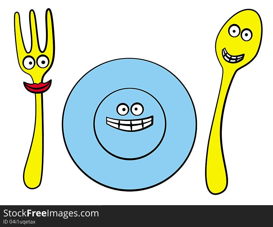 A funny looking group made up of spoon, fork, and plate. A funny looking group made up of spoon, fork, and plate