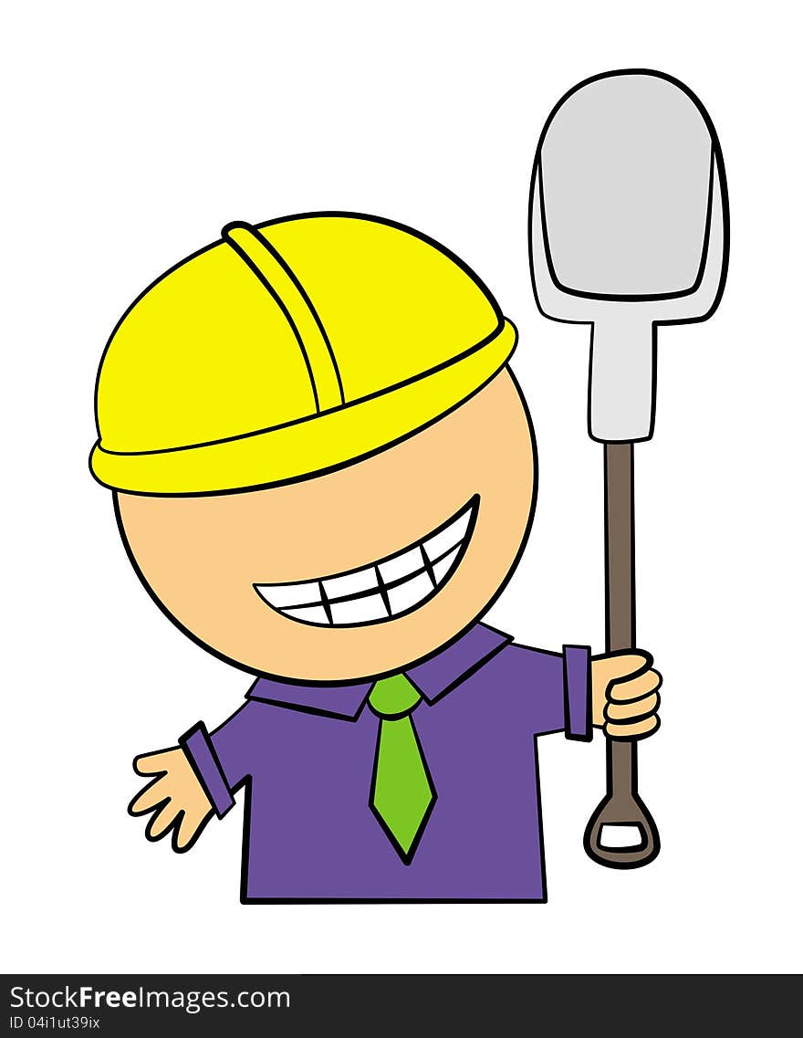 A smiling business man wearing a hard hat and holding a shovel. A smiling business man wearing a hard hat and holding a shovel