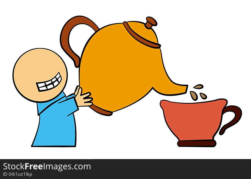 A cartoon character holding a large tea pot and filling a large tea cup with tea. A cartoon character holding a large tea pot and filling a large tea cup with tea