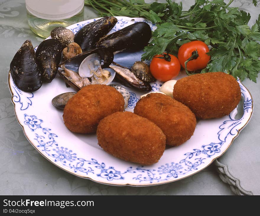 Fried with vegetable and fish. Fried with vegetable and fish