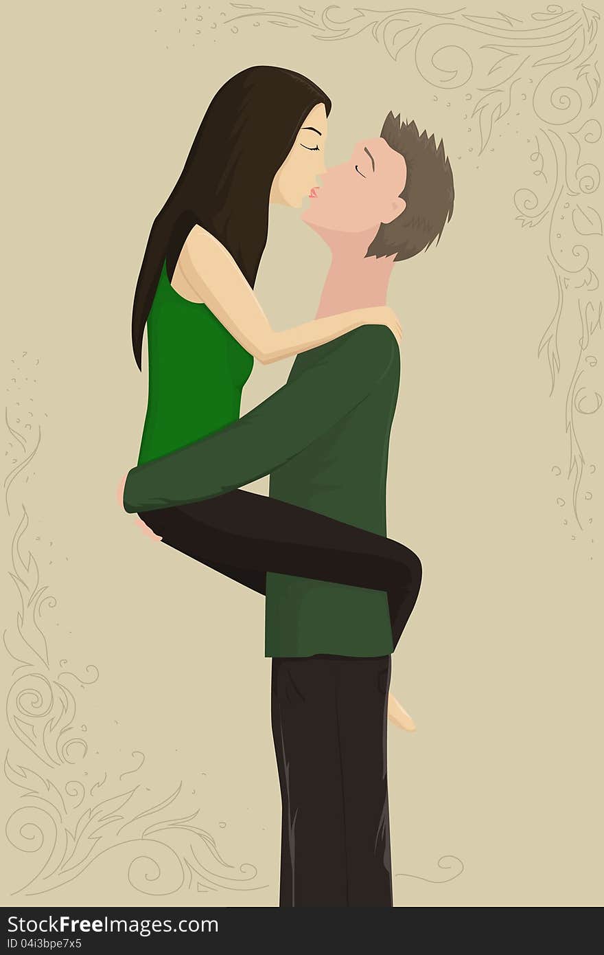 Vector illustration couple ardently kisses with pattern on backdrop