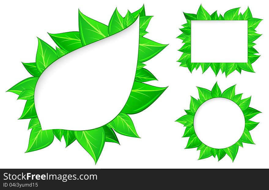 Fresh green leaves border on white, vector illustration