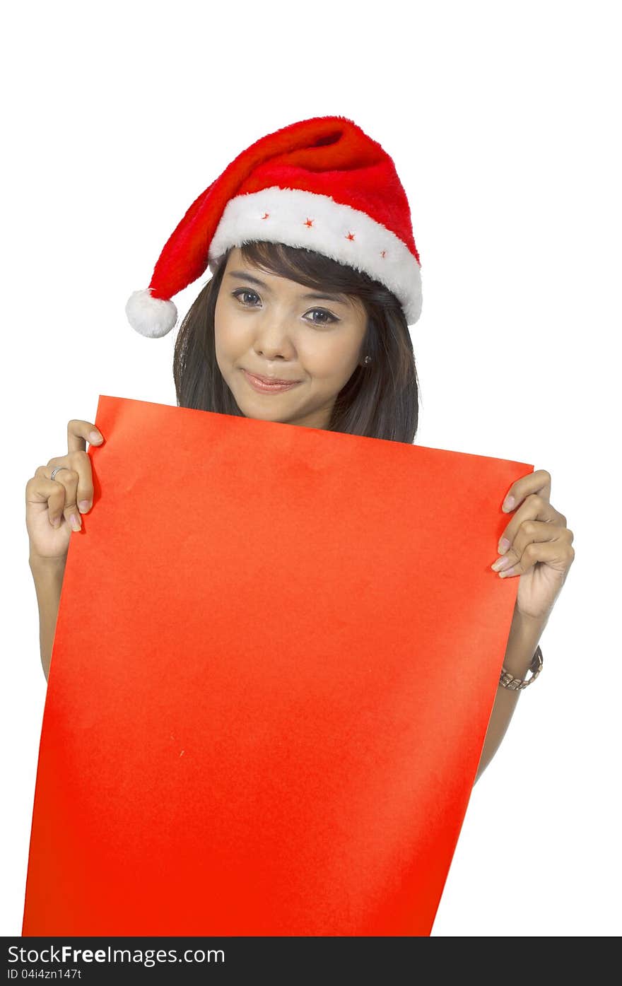 Woman wearing santa hat holding banner isolated over white background. You can put your message here. Woman wearing santa hat holding banner isolated over white background. You can put your message here.