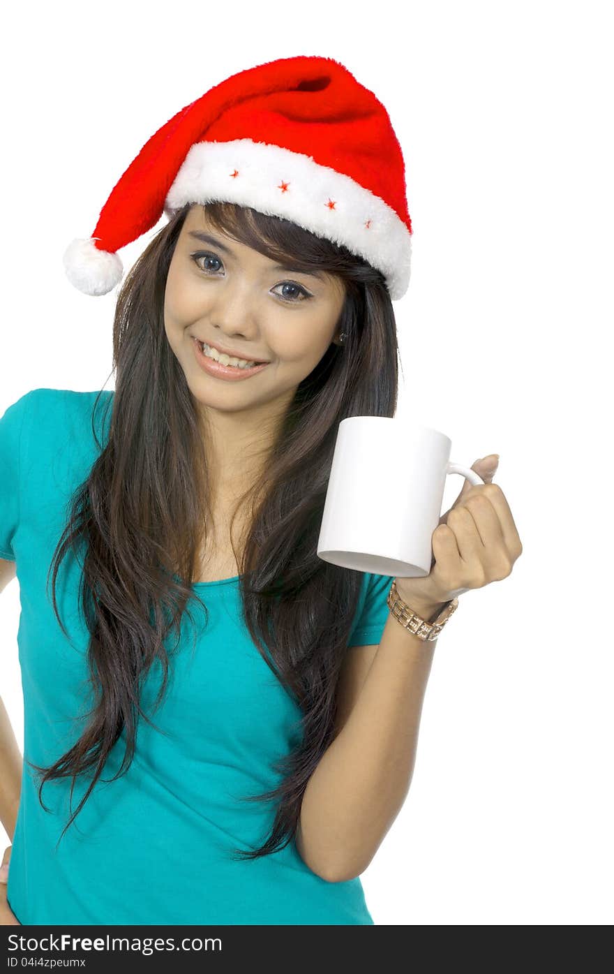 Santa woman drinking coffee isolated over white background