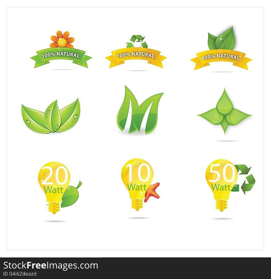 Green eco leafs and symbols set isolated