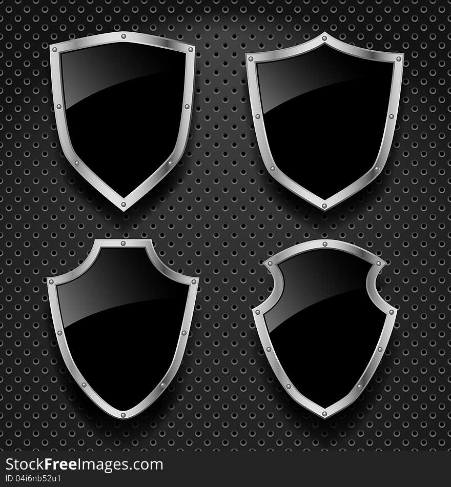 Vector set of black shields on metallic background