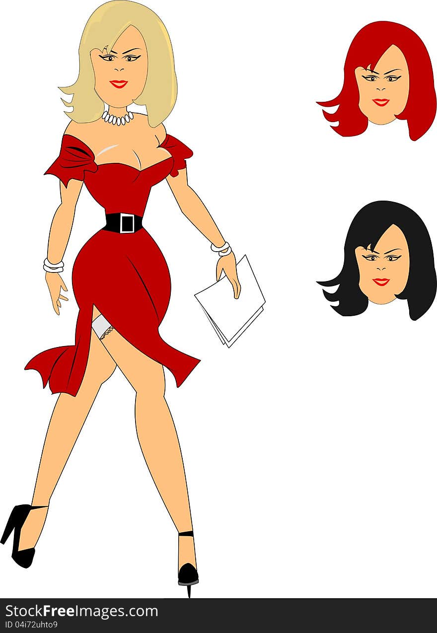 secretary in red dress with interchangeable hair colors. secretary in red dress with interchangeable hair colors