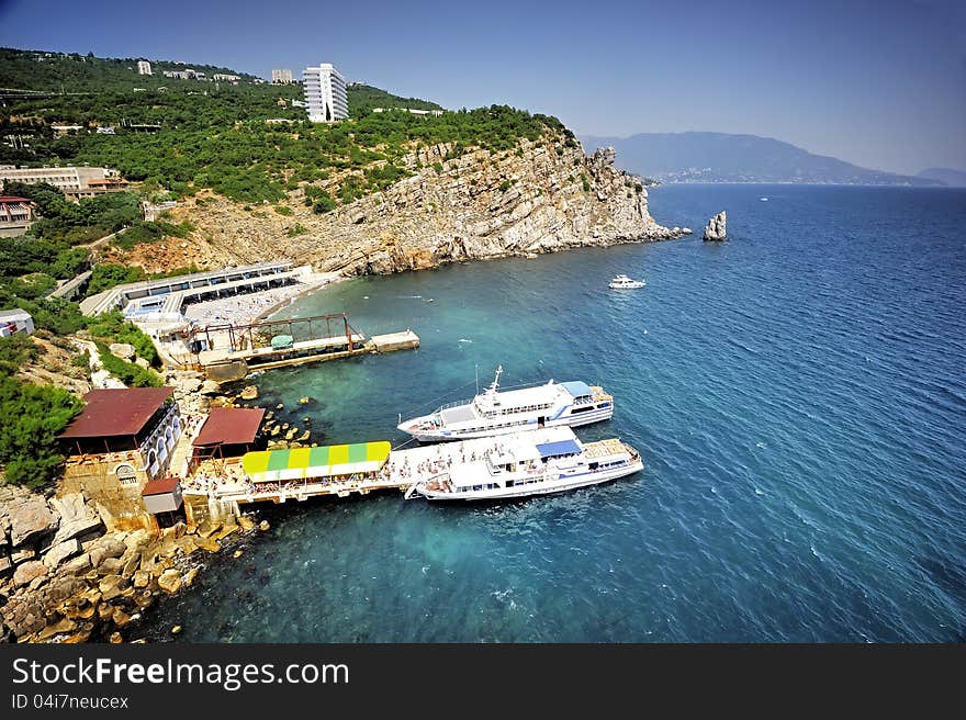 Rock and hotel sail in Yalta. Crimea, Ukraine.