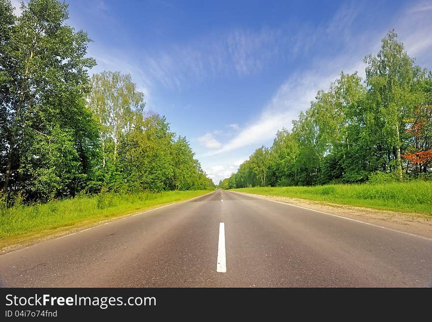 Smooth asphalt road surrounded by forest. Central Russia