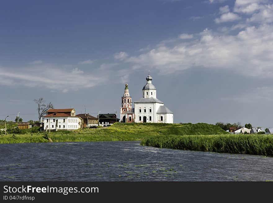 White Russian church near the river. Suzdal. Russia.