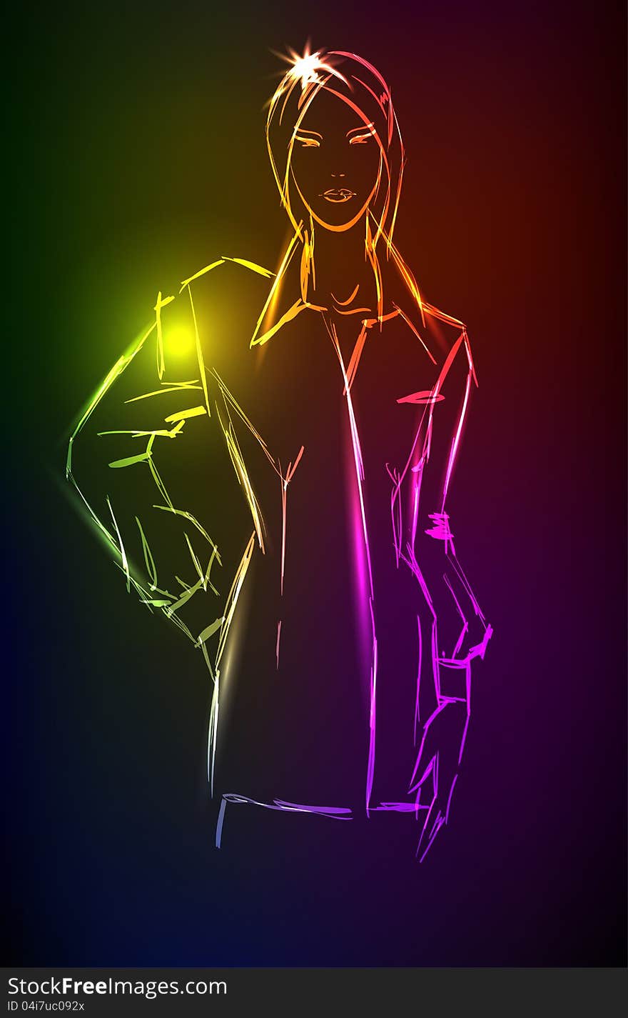 Hand-drawn fashion model from a neon. A light girl's. Hand-drawn fashion model from a neon. A light girl's