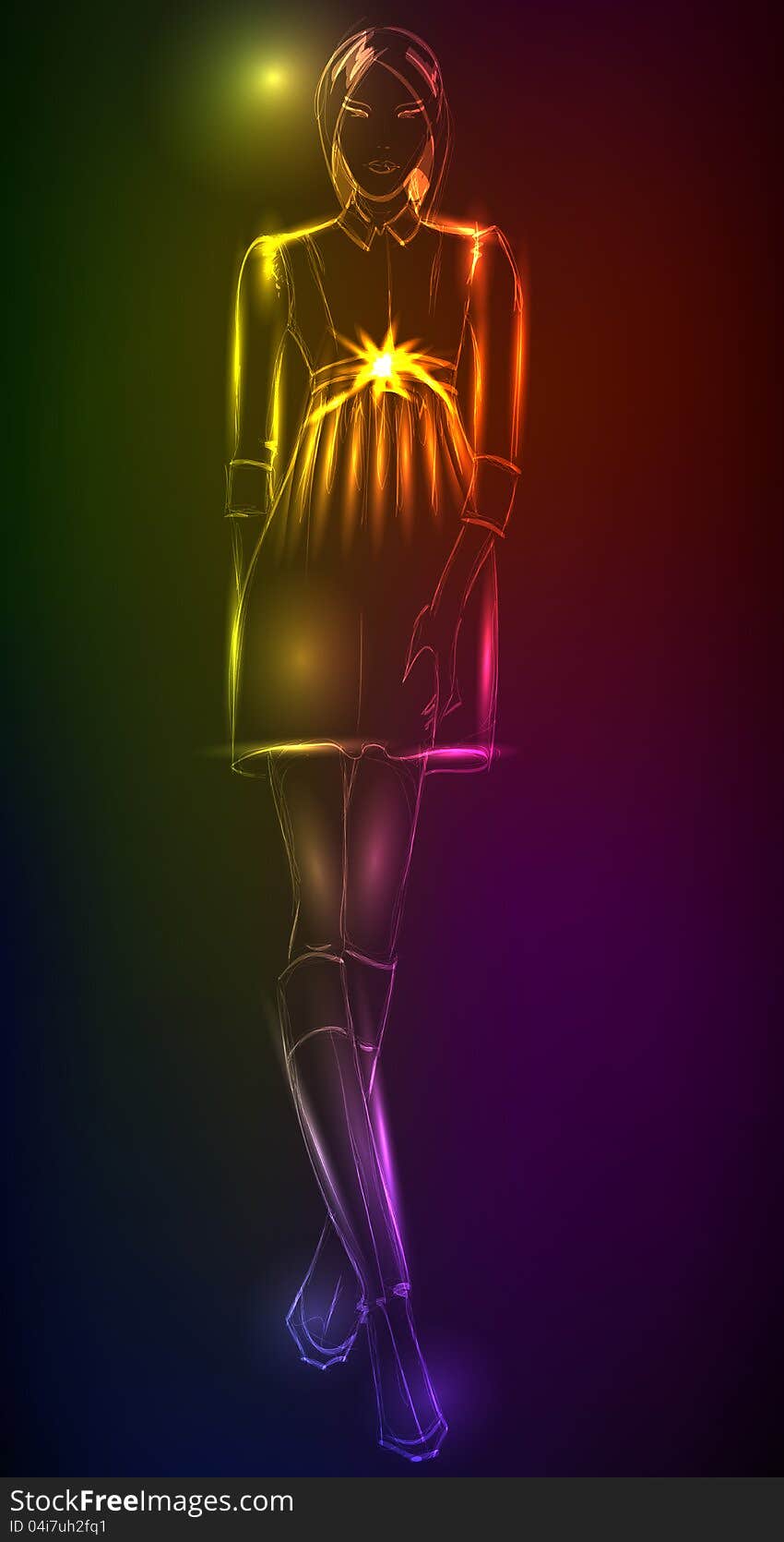 Hand-drawn fashion model from a neon. A light girl's. Hand-drawn fashion model from a neon. A light girl's