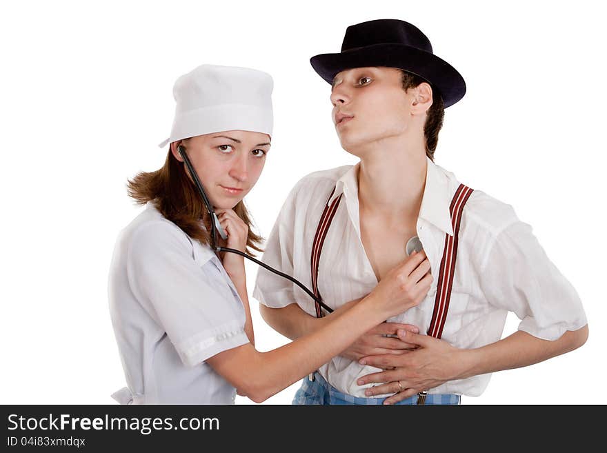 Doctor examining a patient with a stethoscope - isolated over a white background. Doctor examining a patient with a stethoscope - isolated over a white background