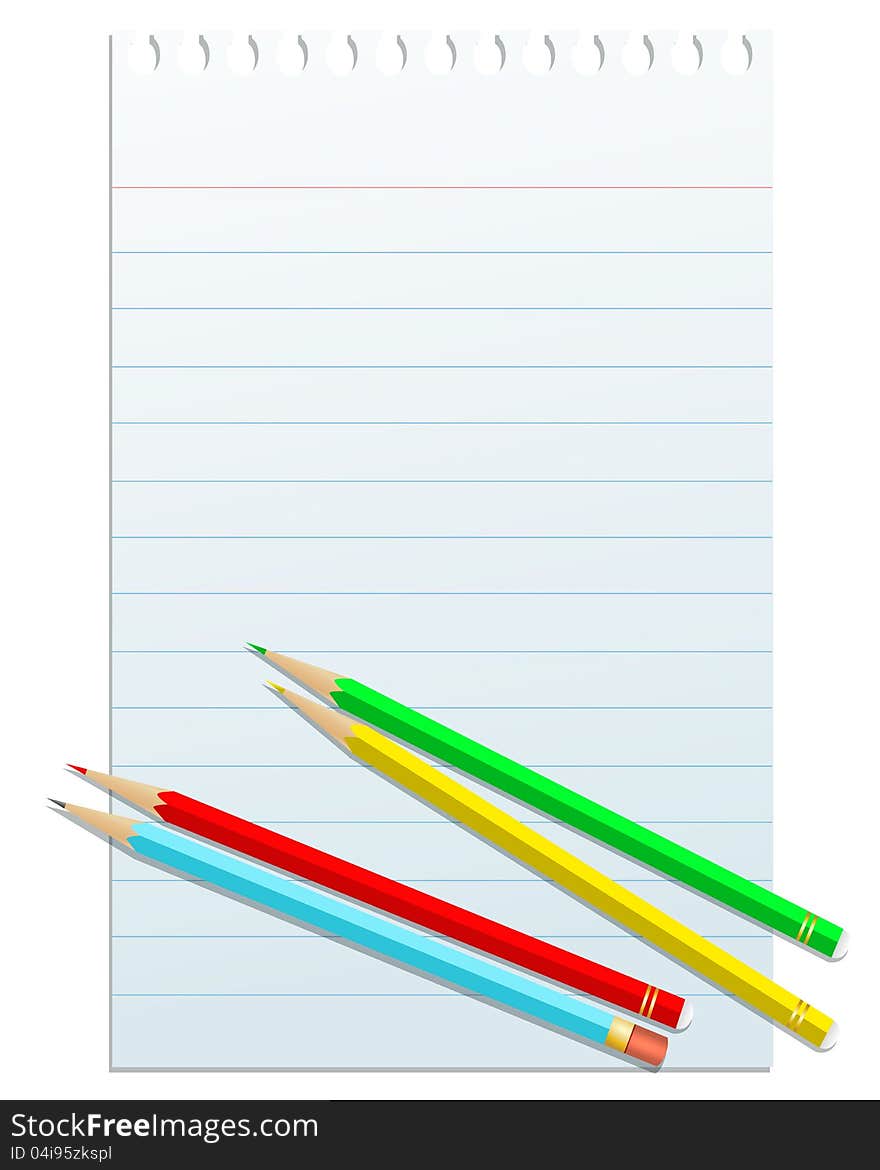 Blank notepad papper with colorful pencils,isolated