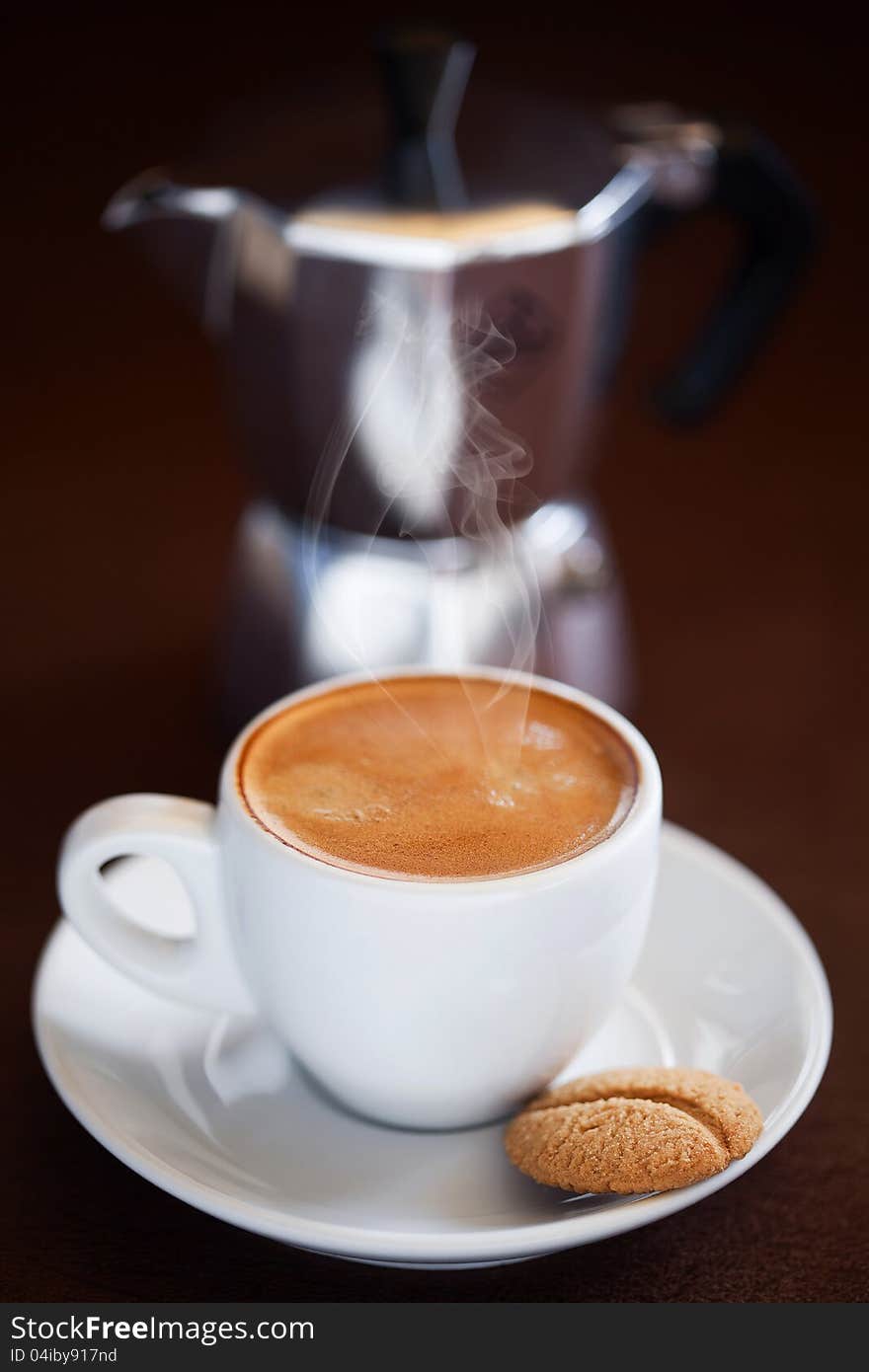 Cup of hot coffee, selective focus