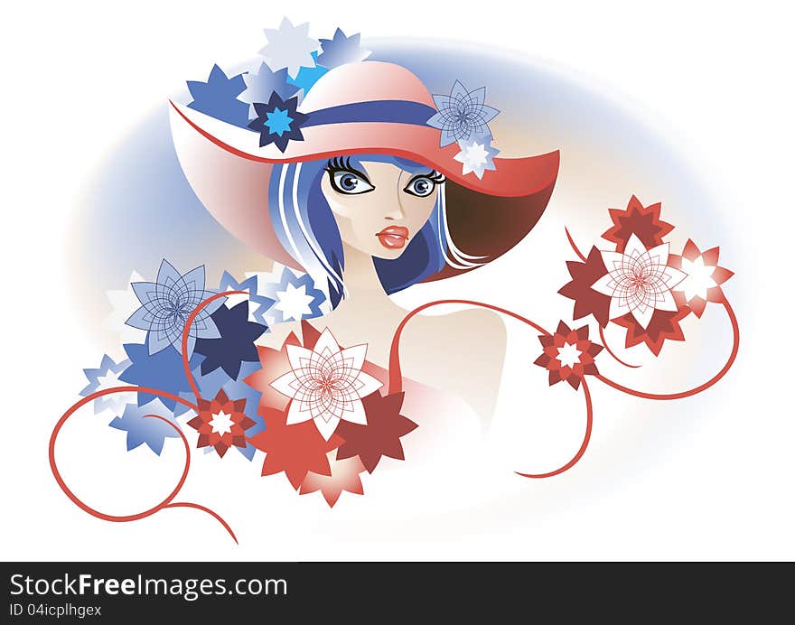 A lady in a hat, decorated with blue flowers. A lady in a hat, decorated with blue flowers